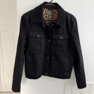 Lauren Jeans Co Black Denim Jacket Women's size Large - Vintage- Leopard lining
